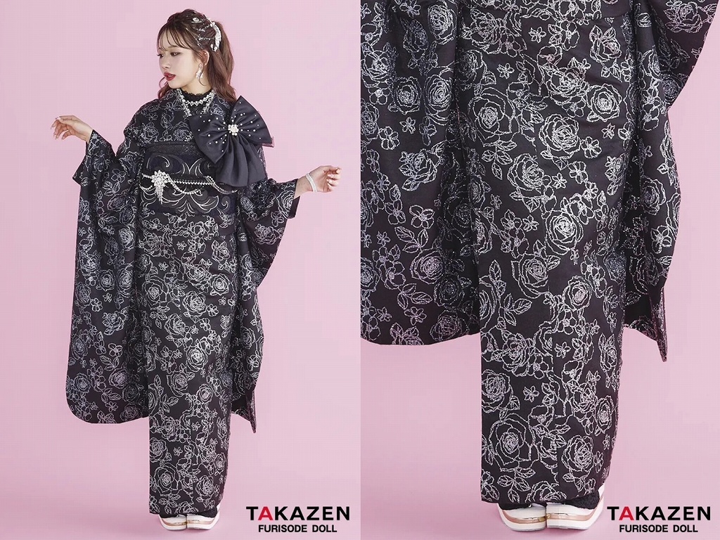 振袖　レンタル　奈良　ヘップバーンシュシュ　黒/オールブラック　バラ柄　グリッター　リボン付き　キラキラ振袖　ギャル　派手　かわいい　キャバ嬢　レースインナーコーデ　伊藤桃々【通販可】25010