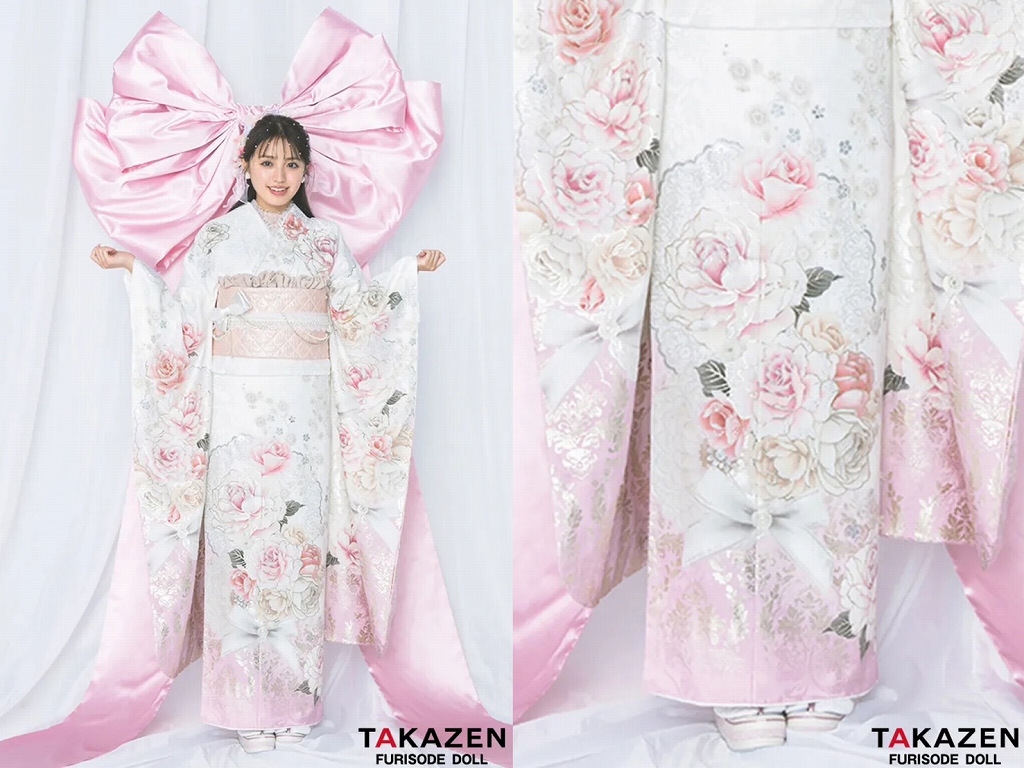 振袖　レンタル　奈良　最新作ヘップバーンコスメカラー　白/ピンク/くすみカラー　薔薇柄　かわいい　スワロフスキー/パール付き　ガーリー　キルティング帯　おしゃれ　香音【通販可】26001