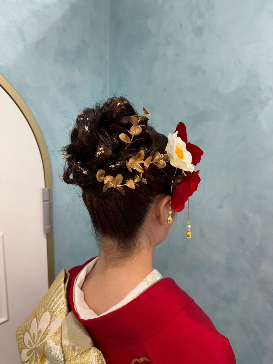 前撮り　振袖　撮影会　髪型　髪飾り　ヘアアレンジ　カワイイ　水引き　盛り髪　金箔　レース　リボン