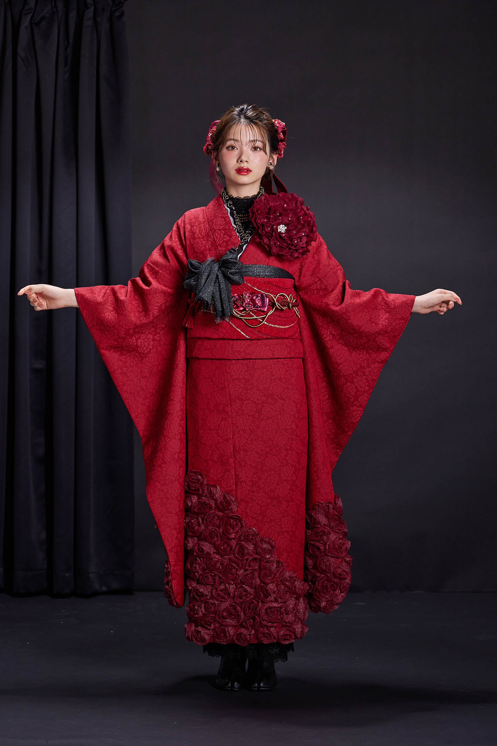 振袖レンタル　成人式　なんば　心斎橋　天王寺　ローズ　南琴奈　赤　立体花　ローズギャラリー