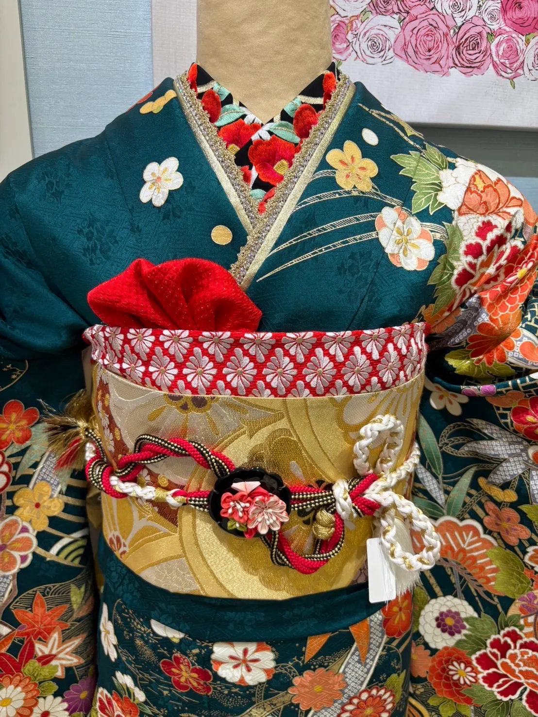 成人式　振袖レンタル　安カワ　王道　お得　深緑　古典　小花柄