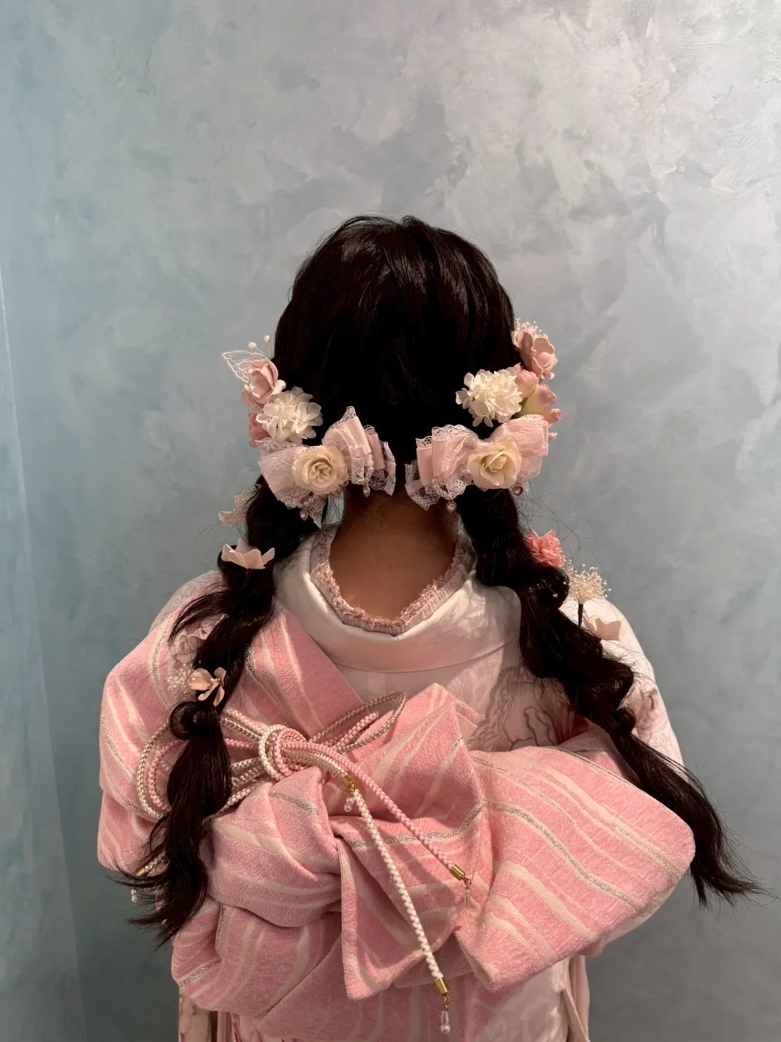 前撮り　振袖　撮影会　髪型　髪飾り　ヘアアレンジ　カワイイ　水引き　盛り髪　金箔　レース　リボン
