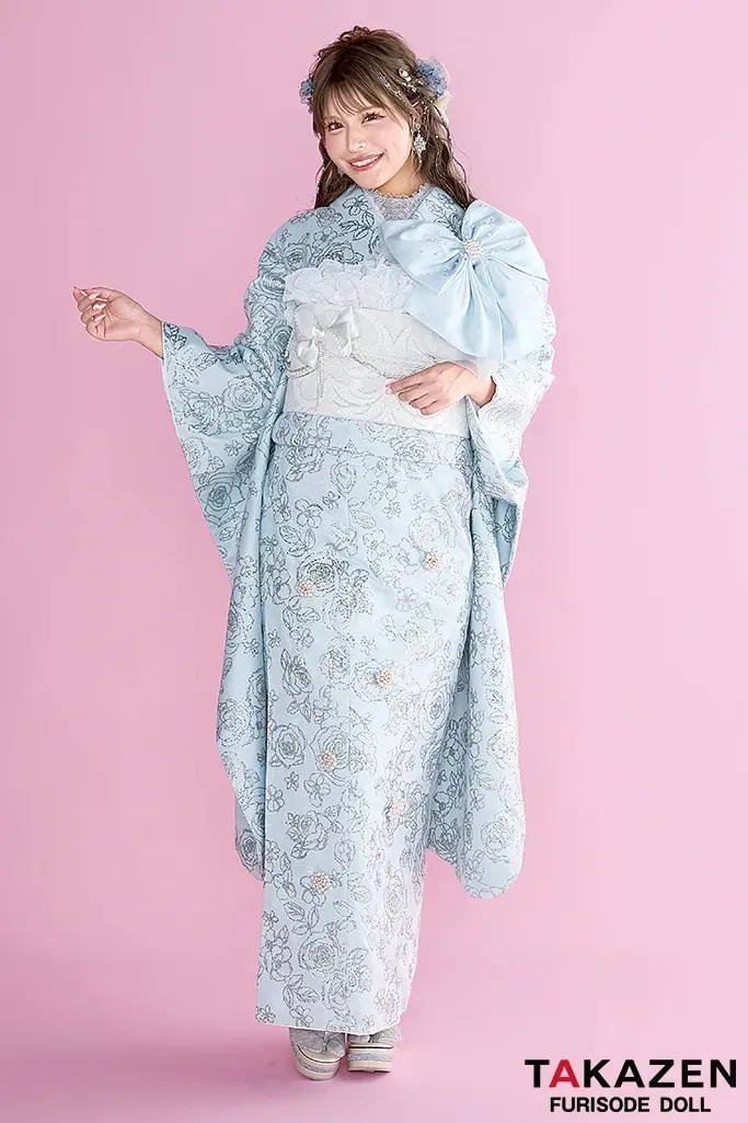 振袖　レンタル　ヘップバーンシュシュ　水色　バラ柄　キラキラ振袖　グリッター　リボン付き　一番かわいい　派手　目立つ　人気キャバ嬢ご用達　今井アンジェリカ【通販可】25008
