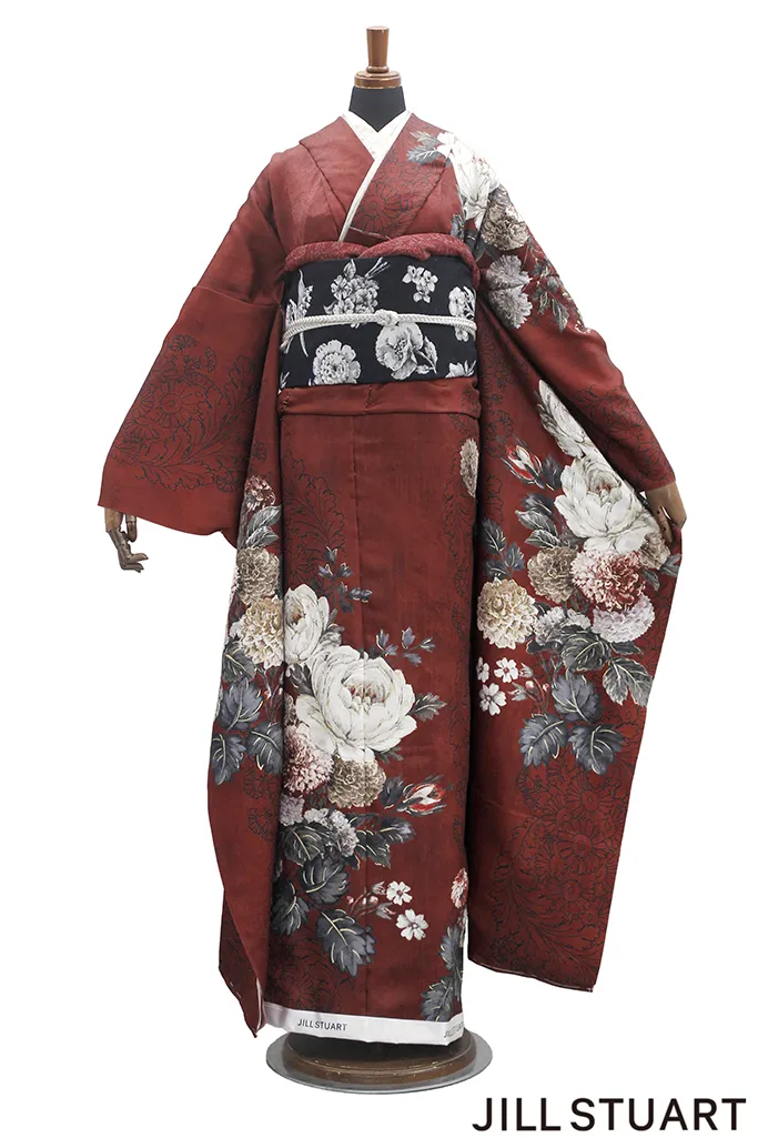 TAKAZENのレンタル振袖 JILL STUARTブランド振袖　エンジ　おしゃれ　ヴィンテージスタイル　大人っぽい　シック　スタイリッシュ【通販可】K1196