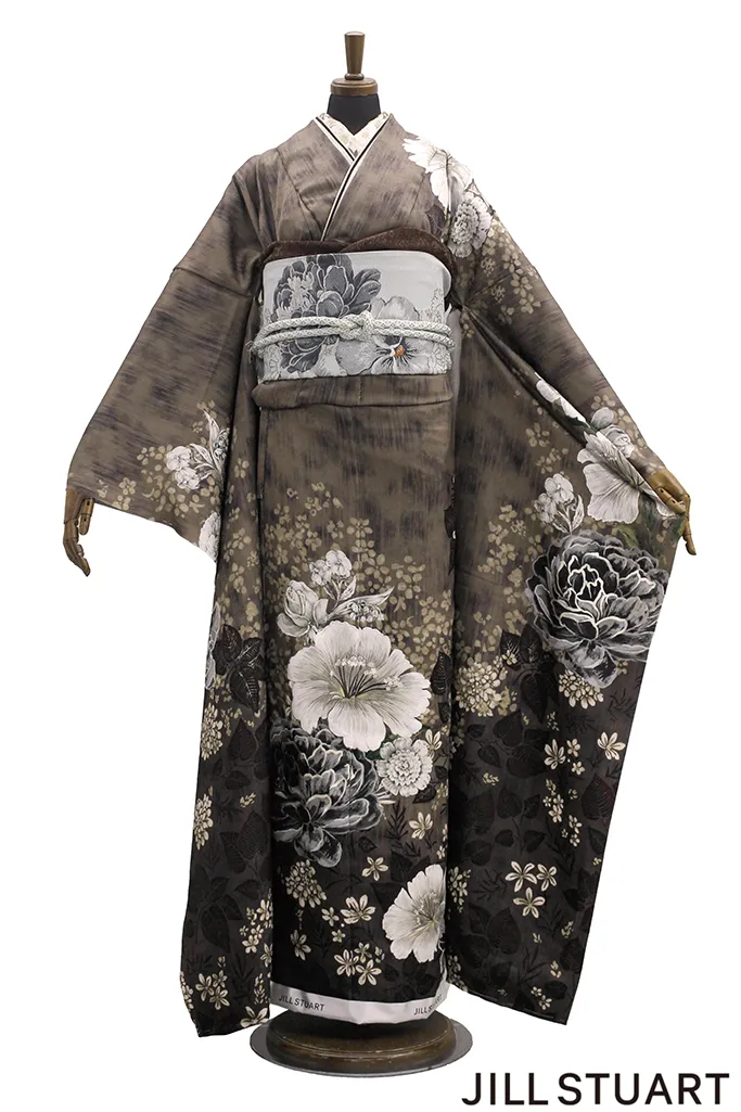TAKAZENのレンタル振袖 JILL STUARTブランド振袖　ブラウン　ピオニー　ヴィンテージスタイル　大人っぽい　ノスタルジック　綺麗系【通販可】K1198