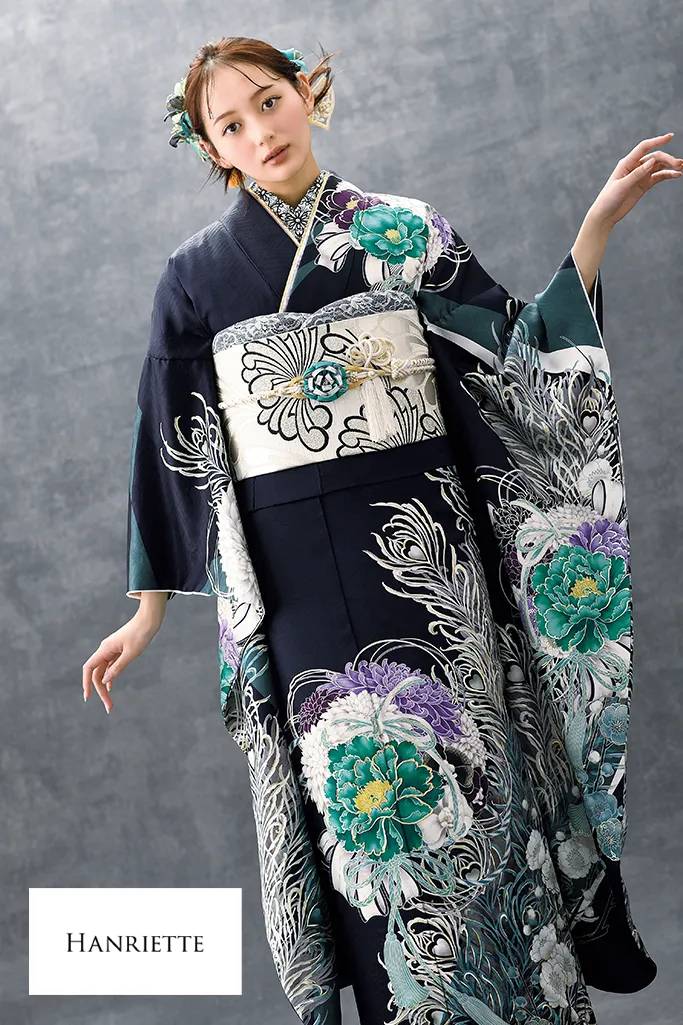 TAKAZENのレンタル振袖 正統派古典　ネイビー/紺　牡丹柄　大人っぽい　かっこいい　お洒落　人とかぶらない【通販可】K1205