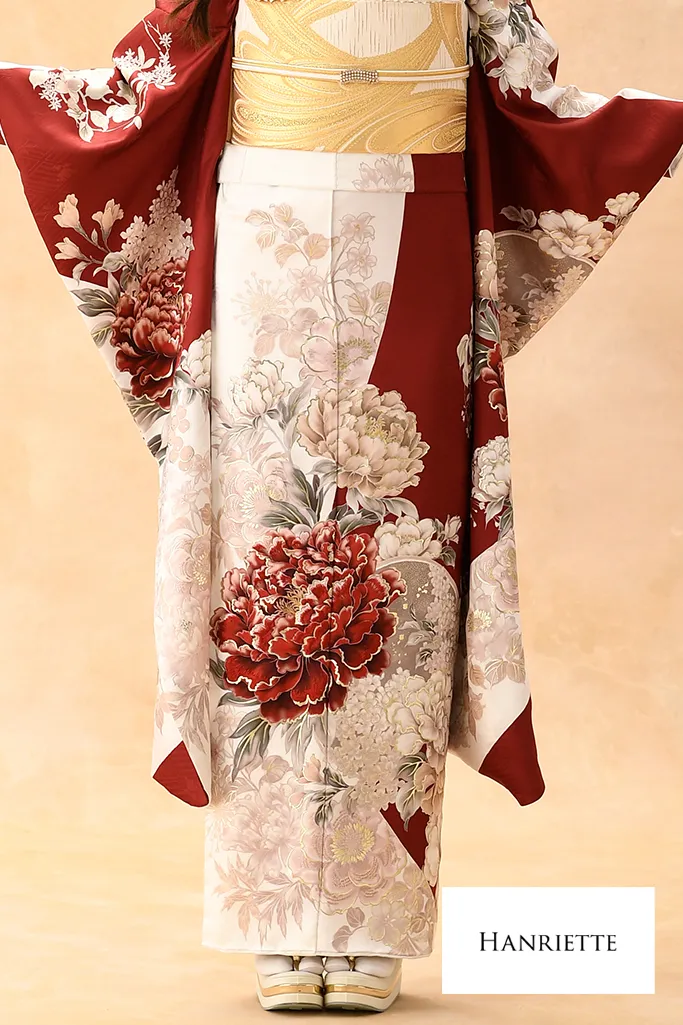 TAKAZENのレンタル振袖 正統派古典　白赤　牡丹柄　人気　王道　清楚　かわいい【通販可】K1206
