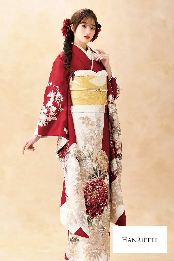 TAKAZENのレンタル振袖 正統派古典　白赤　牡丹柄　人気　王道　清楚　かわいい【通販可】K1206