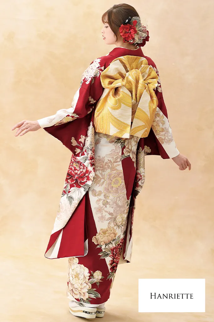 TAKAZENのレンタル振袖 正統派古典　白赤　牡丹柄　人気　王道　清楚　かわいい【通販可】K1206