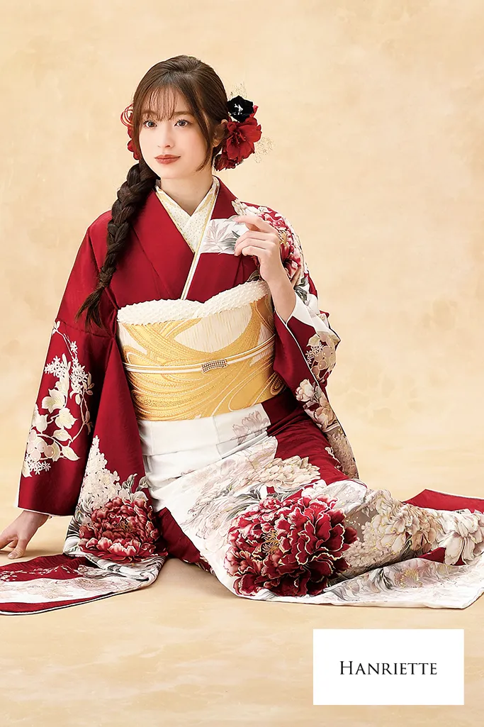 TAKAZENのレンタル振袖 正統派古典　白赤　牡丹柄　人気　王道　清楚　かわいい【通販可】K1206