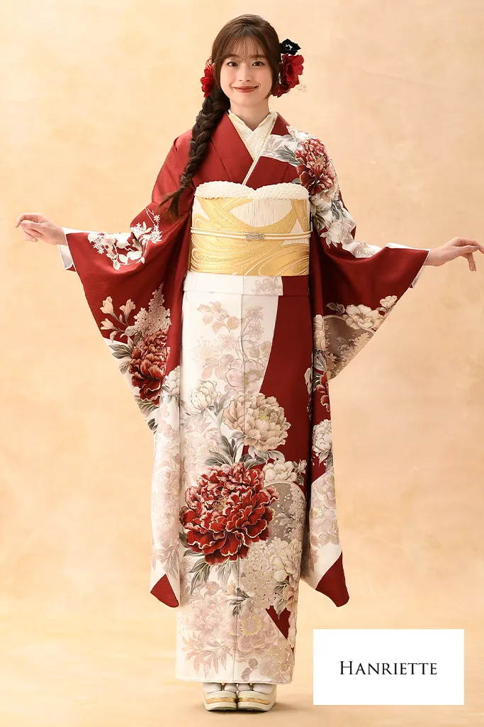 TAKAZENのレンタル振袖 正統派古典　白赤　牡丹柄　人気　王道　清楚　かわいい【通販可】K1206