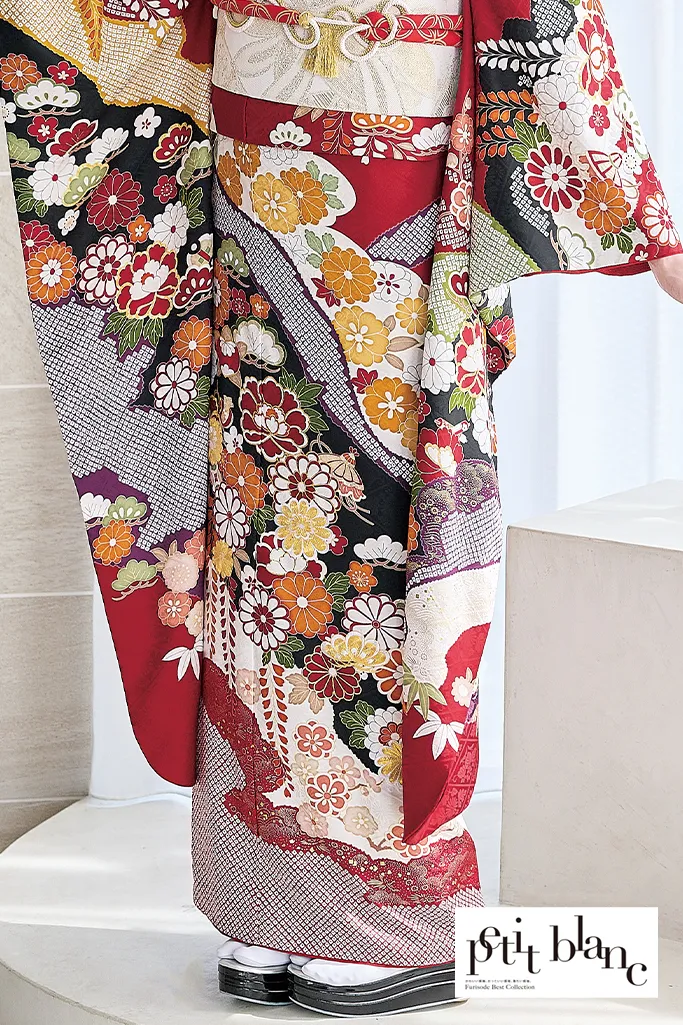 TAKAZENのレンタル振袖 正統派古典　赤/赤地　藤の花/菊柄　清楚　定番　人気　上品　はんなり　柄小さめ【通販可】K1218