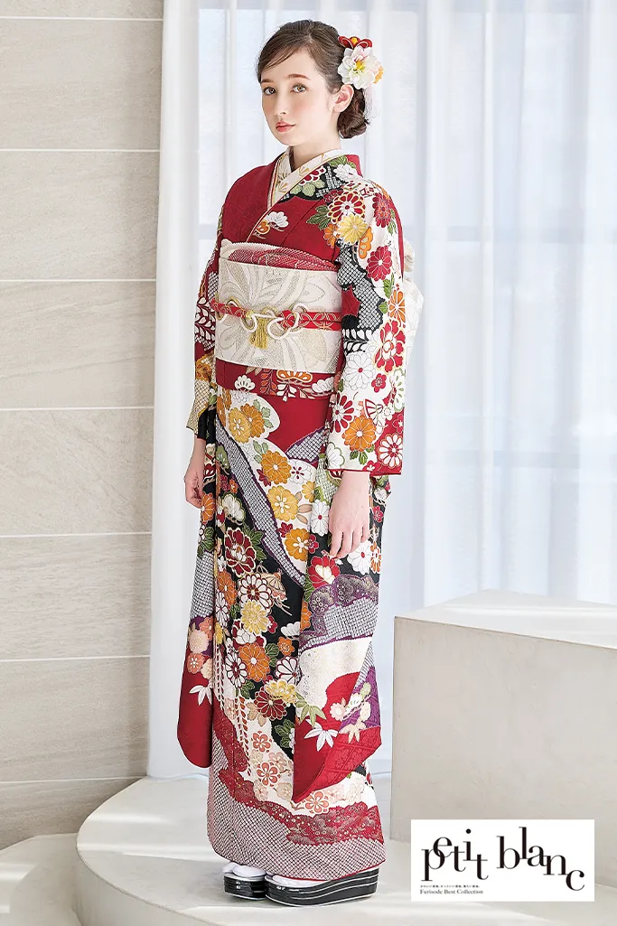 TAKAZENのレンタル振袖 正統派古典　赤/赤地　藤の花/菊柄　清楚　定番　人気　上品　はんなり　柄小さめ【通販可】K1218