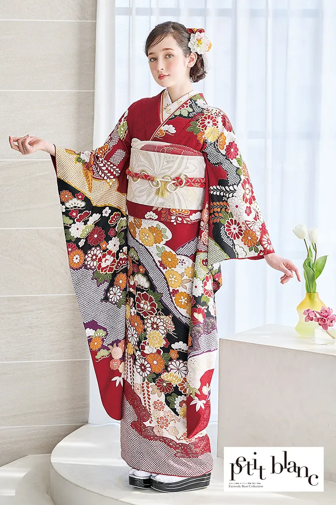 TAKAZENのレンタル振袖 正統派古典　赤/赤地　藤の花/菊柄　清楚　定番　人気　上品　はんなり　柄小さめ【通販可】K1218