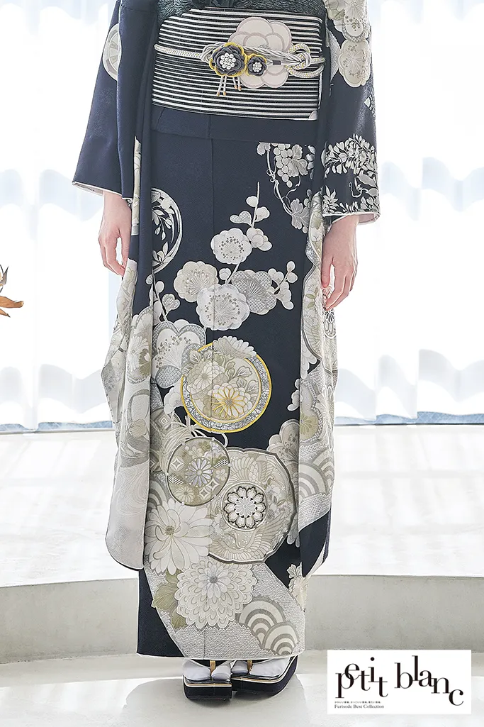 TAKAZENのレンタル振袖 正統派古典　ネイビー/紺色/白　鶴/菊柄　おめでたい柄　清楚　定番　人気　上品　はんなり　大人っぽい【通販可】K1219