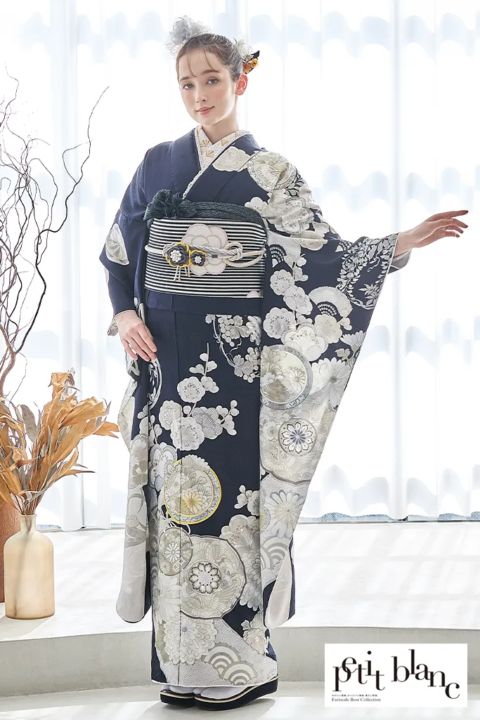 TAKAZENのレンタル振袖 正統派古典　ネイビー/紺色/白　鶴/菊柄　おめでたい柄　清楚　定番　人気　上品　はんなり　大人っぽい【通販可】K1219