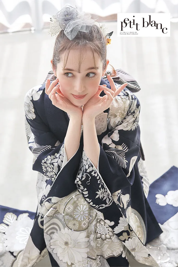 TAKAZENのレンタル振袖 正統派古典　ネイビー/紺色/白　鶴/菊柄　おめでたい柄　清楚　定番　人気　上品　はんなり　大人っぽい【通販可】K1219