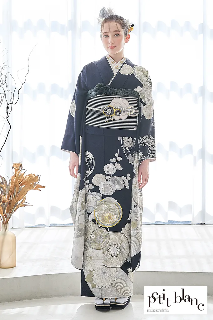 TAKAZENのレンタル振袖 正統派古典　ネイビー/紺色/白　鶴/菊柄　おめでたい柄　清楚　定番　人気　上品　はんなり　大人っぽい【通販可】K1219