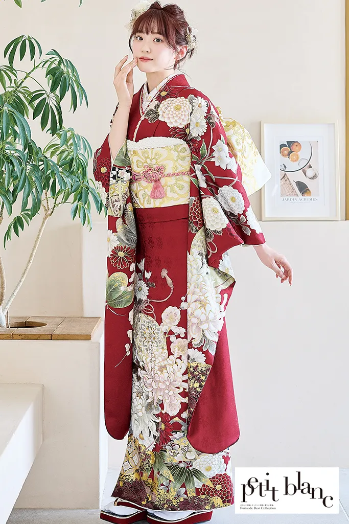 TAKAZENのレンタル振袖 正統派古典　赤地　乱菊柄/大柄　清楚　定番　人気　上品　はんなり　大人っぽい【通販可】K1220