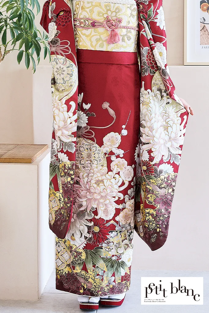TAKAZENのレンタル振袖 正統派古典　赤地　乱菊柄/大柄　清楚　定番　人気　上品　はんなり　大人っぽい【通販可】K1220