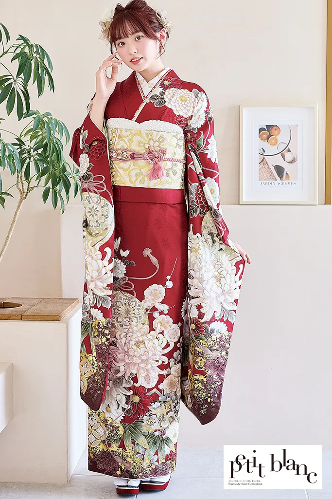 TAKAZENのレンタル振袖 正統派古典　赤地　乱菊柄/大柄　清楚　定番　人気　上品　はんなり　大人っぽい【通販可】K1220