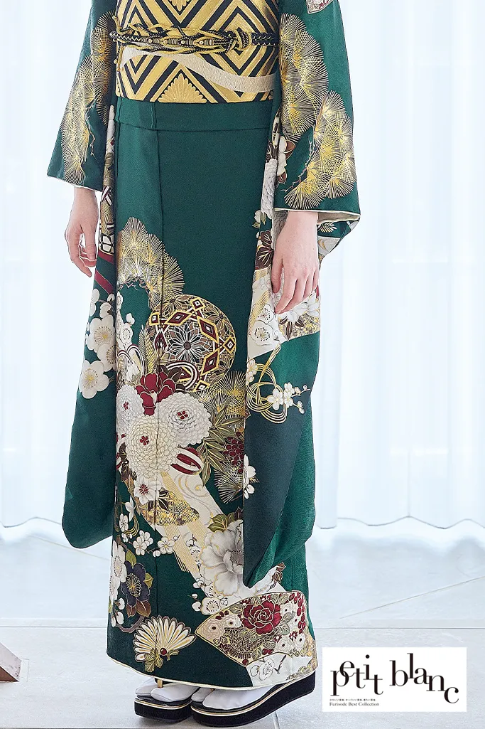 TAKAZENのレンタル振袖 正統派古典　緑　菊柄/針松柄　大人っぽい　綺麗系　清楚　定番　おしとやか　上品　はんなり【通販可】K1223