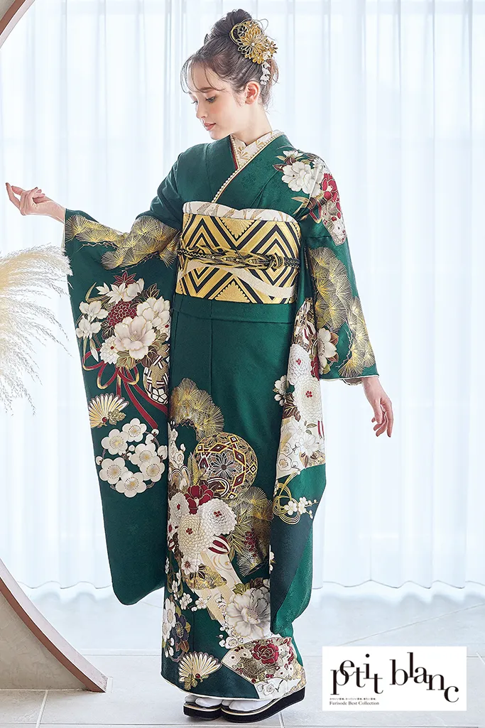 TAKAZENのレンタル振袖 正統派古典　緑　菊柄/針松柄　大人っぽい　綺麗系　清楚　定番　おしとやか　上品　はんなり【通販可】K1223