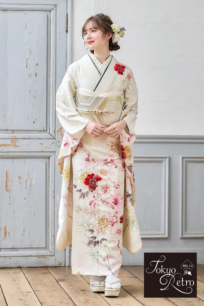 TAKAZENのレンタル振袖 東京レトロ　アイボリー/白系　桜柄　シンプル　かわいい振袖　おしとやか　上品　古典柄　マーシュ彩【通販可】K1238