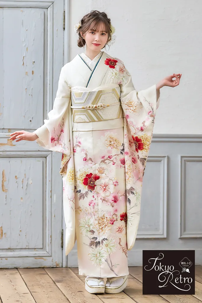 TAKAZENのレンタル振袖 東京レトロ　アイボリー/白系　桜柄　シンプル　かわいい振袖　おしとやか　上品　古典柄　マーシュ彩【通販可】K1238