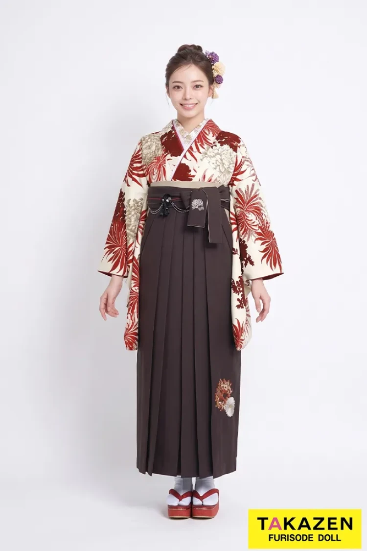 TAKAZENのレンタル袴 玉城ティナ×紅一点ブランド袴　白/赤　乱菊柄　大人っぽい　かっこいい　古典系　きれいめ【通販可】R26066