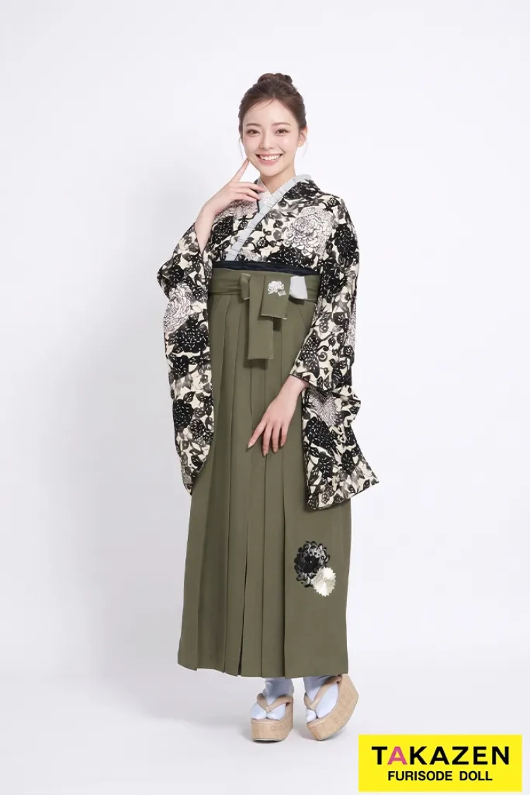 TAKAZENのレンタル袴 玉城ティナ×紅一点ブランド袴 黒/ダスティーカラー 乱菊柄 大人っぽい かっこいい 古典柄 きれいめ【通販可】R26069