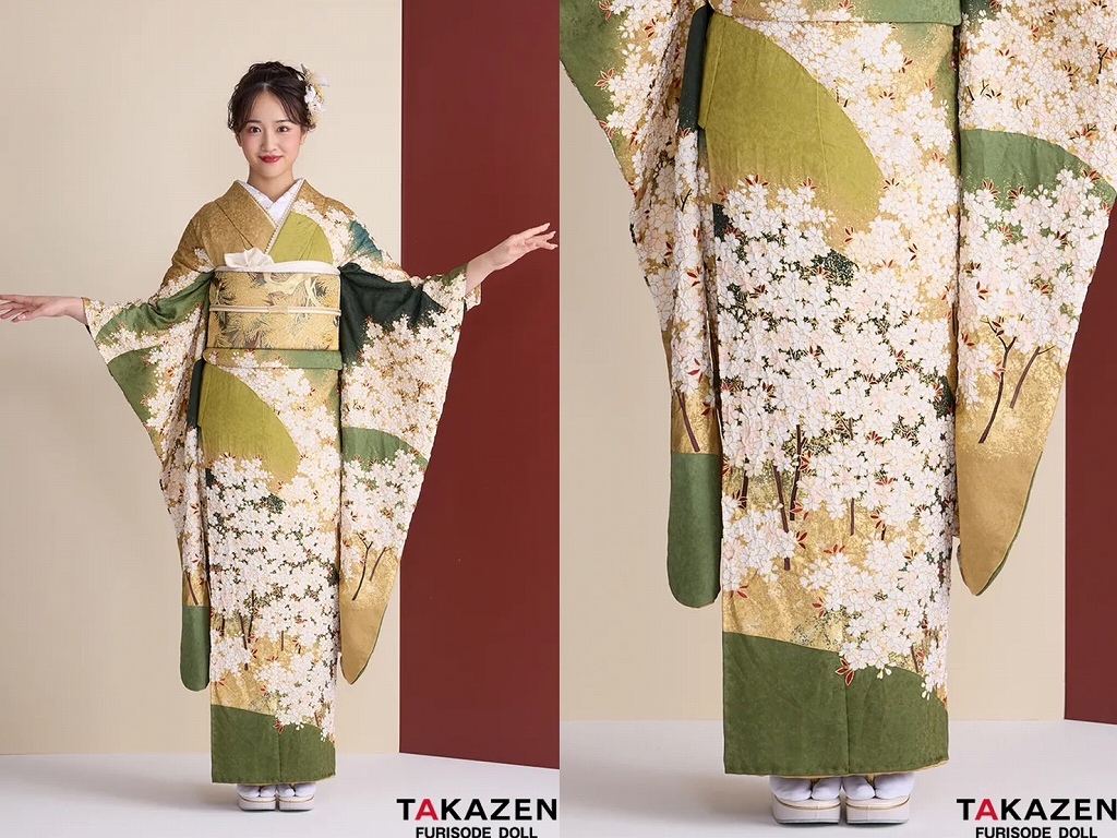 振袖　レンタル　奈良　帯　可愛い　アレンジ　華やか　綺麗　プレミアム古典　吉澤織物/最高級金彩手描友禅　水色　さわやか　綺麗　透明感のある振袖　高級古典　南琴奈【通販可】23022　プレミアム古典　青柳/最高級絞り手描友禅　緑/鶸色　桜柄　高級振袖　大人っぽい　人とかぶらない　天翔愛【通販可】26046