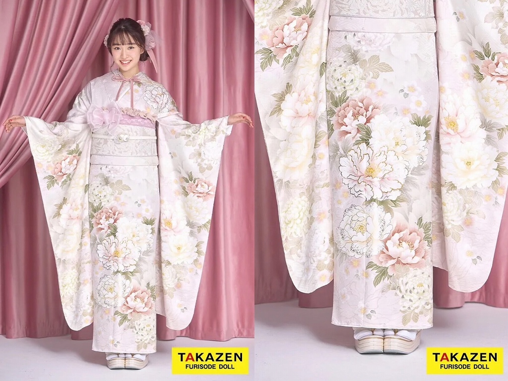 振袖　レンタル　奈良　最新作くすみカラーガーリー　薄ピンク/淡い色　牡丹柄　かわいい　トレンド　リボンコーデ　フェミニン　藤岡舞衣【通販可】26057