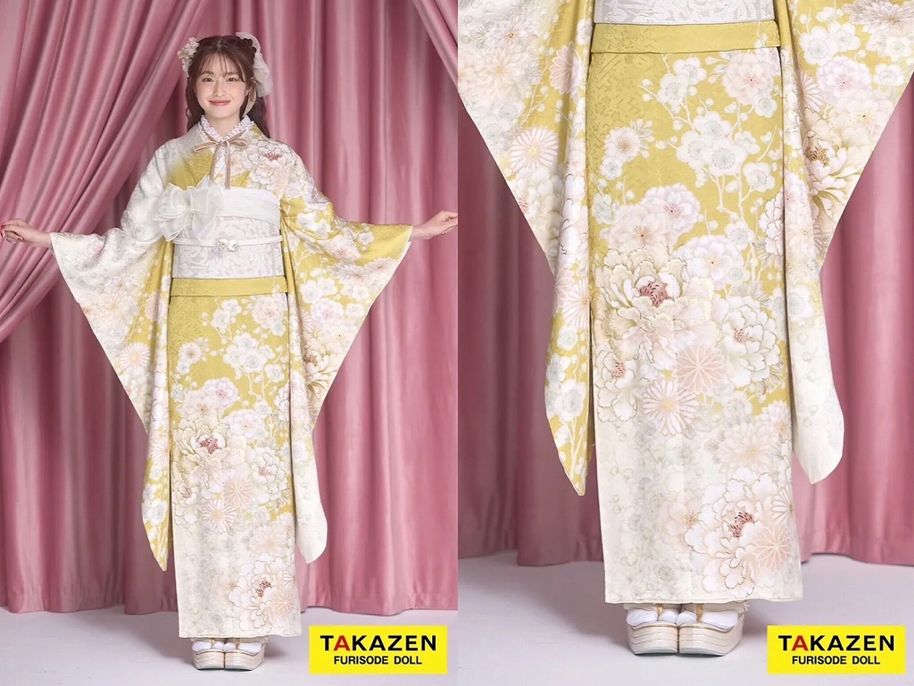 振袖　レンタル　奈良　最新作くすみカラーガーリー　黄色/ビタミンカラー/淡い色　牡丹柄　かわいい　レース小物コーデ　トレンド振袖　葛西杏也菜【通販可】26059