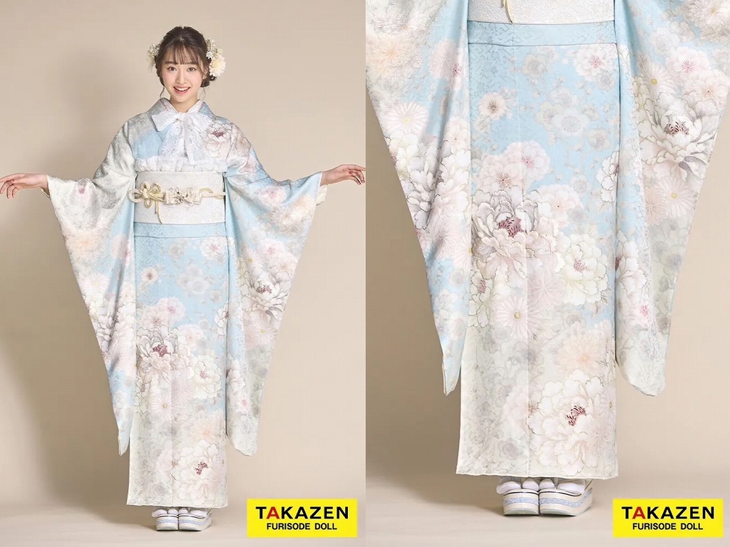 振袖　レンタル　奈良　帯　可愛い　アレンジ　華やか　綺麗 最新作くすみカラーガーリー　水色/アイスブルー/淡い色　牡丹柄　かわいい　流行　おしゃれ　ワントーンコーデ　綺麗　藤岡舞衣【通販可】26058