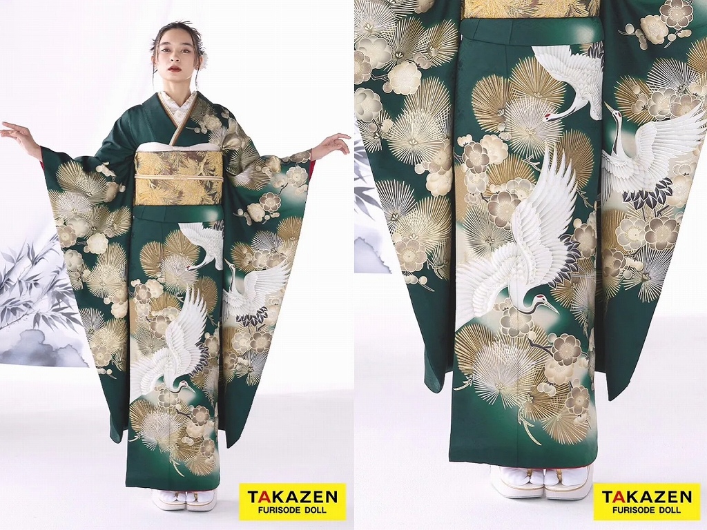 振袖　レンタル　奈良　粋古典　緑/金/グリーン　鶴柄/針松柄　金彩京友禅　かっこいい振袖　大人っぽい　シック　人気　渋い　弓ライカ【通販可】24054