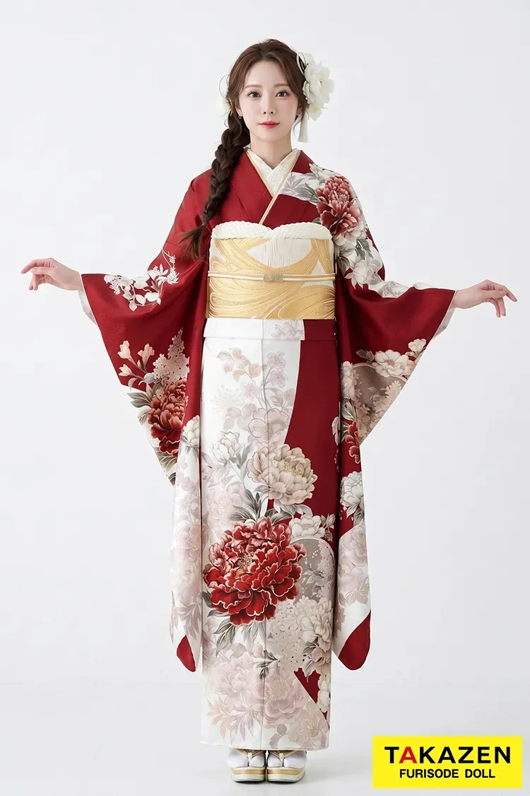 TAKAZENのレンタル振袖 正統派古典 白赤 牡丹柄 人気 王道 清楚 かわいい【通販可】K1206