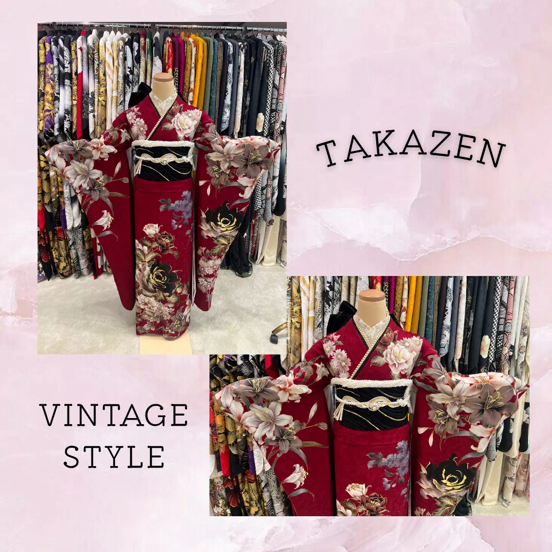 TAKAZEN神戸旧居留地店　成人式　振袖　レンタル　カワイイ　カッコイイ　イマドキ　ワインレッド　ヴィンテージスタイル