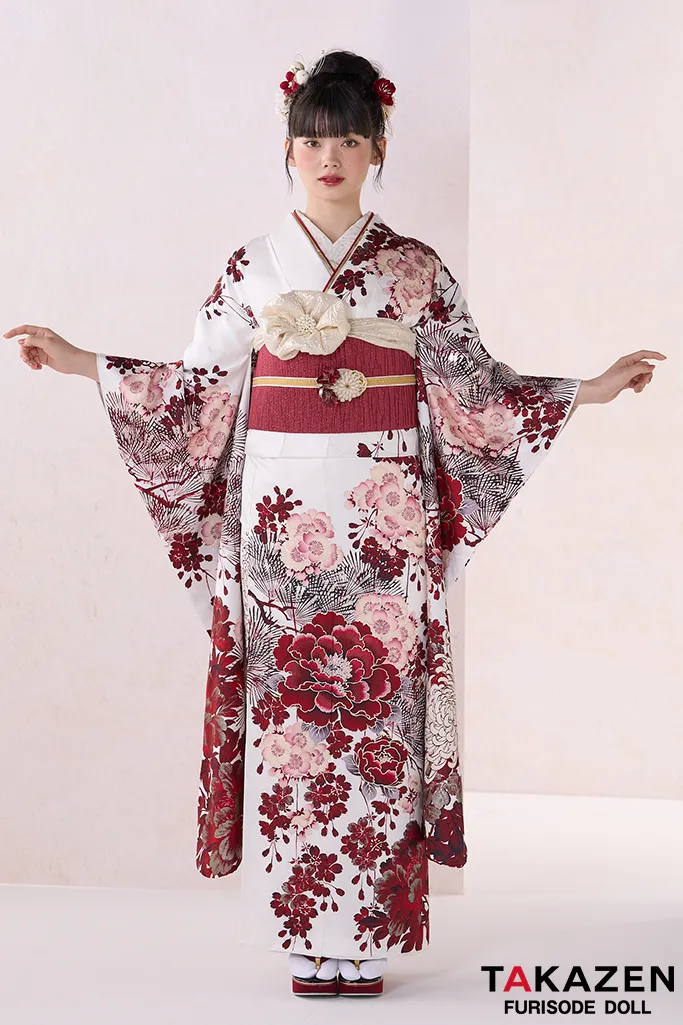 振袖　レンタル　正統派古典　華徒然×吉木千沙都　白/赤　牡丹柄　TAKAZENオリジナルカラー　綺麗　お洒落　大人っぽい　南琴奈【通販可】26019
