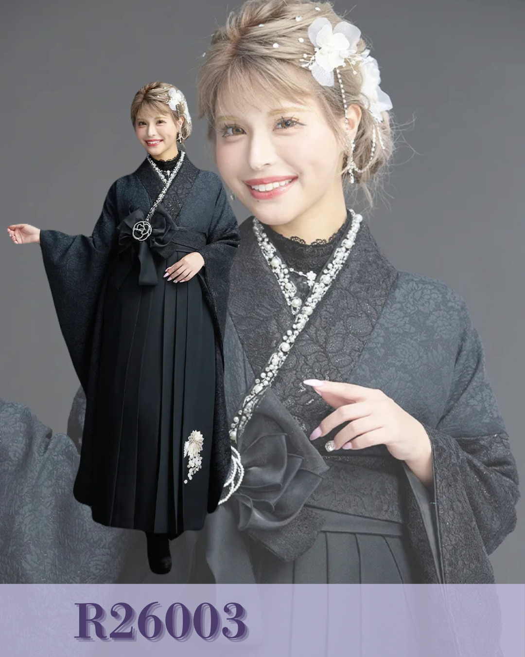 袴　前撮り撮影会　可愛い　おしゃれ　モード系　黒　オールブラックコーデ　レース/ジャガード生地　かっこいい　ギャル　レースインナーコーデ　今井アンジェリカ【通販可】R26003