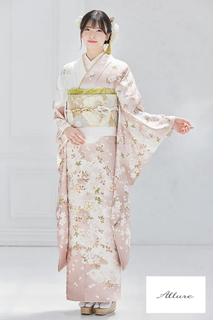 TAKAZENのレンタル振袖 正統派古典　ピンク/白/淡い色　桜柄/柄小さめ　シンプル　きれいめ　かわいらしい【通販可】K1239