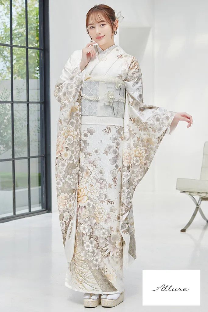 TAKAZENのレンタル振袖 正統派古典　白地　熨斗柄/牡丹柄/乱菊　シンプル　綺麗系　華やか　上品　おしとやか【通販可】K1240