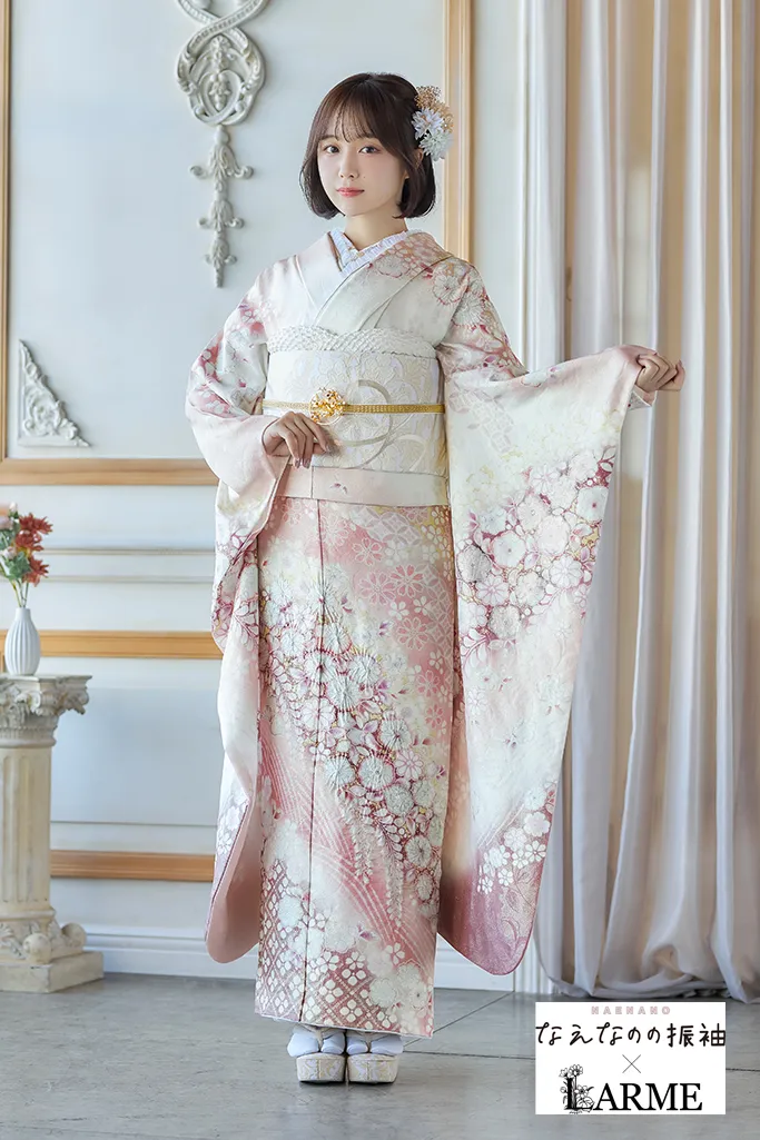 TAKAZENのレンタル振袖 なえなのの振袖×LARME　ピンク　辻が花/藤　正統派古典　かわいい　綺麗系　華やか　上品　ラメ入り生地【通販可】K1241