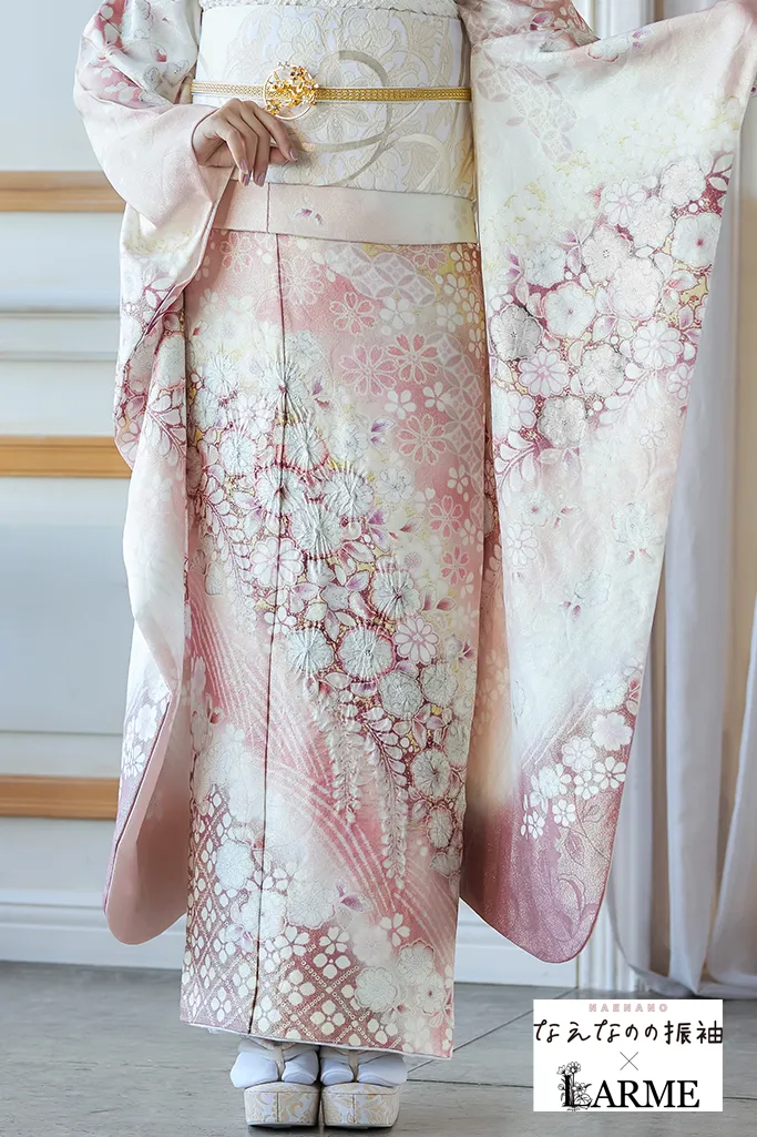 TAKAZENのレンタル振袖 なえなのの振袖×LARME　ピンク　辻が花/藤　正統派古典　かわいい　綺麗系　華やか　上品　ラメ入り生地【通販可】K1241