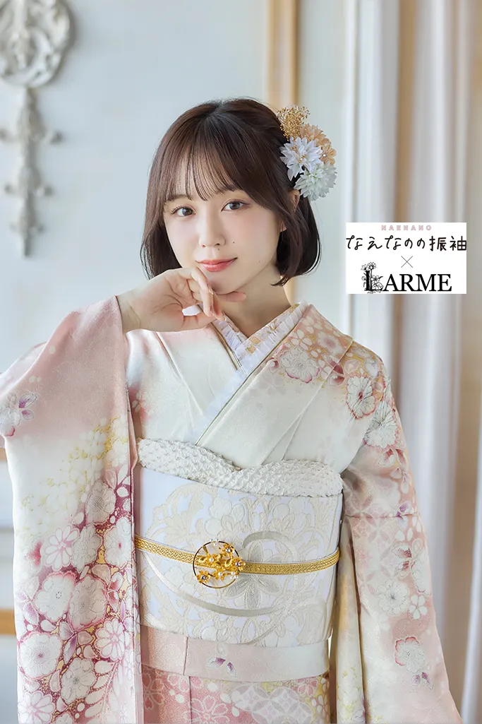 TAKAZENのレンタル振袖 なえなのの振袖×LARME　ピンク　辻が花/藤　正統派古典　かわいい　綺麗系　華やか　上品　ラメ入り生地【通販可】K1241