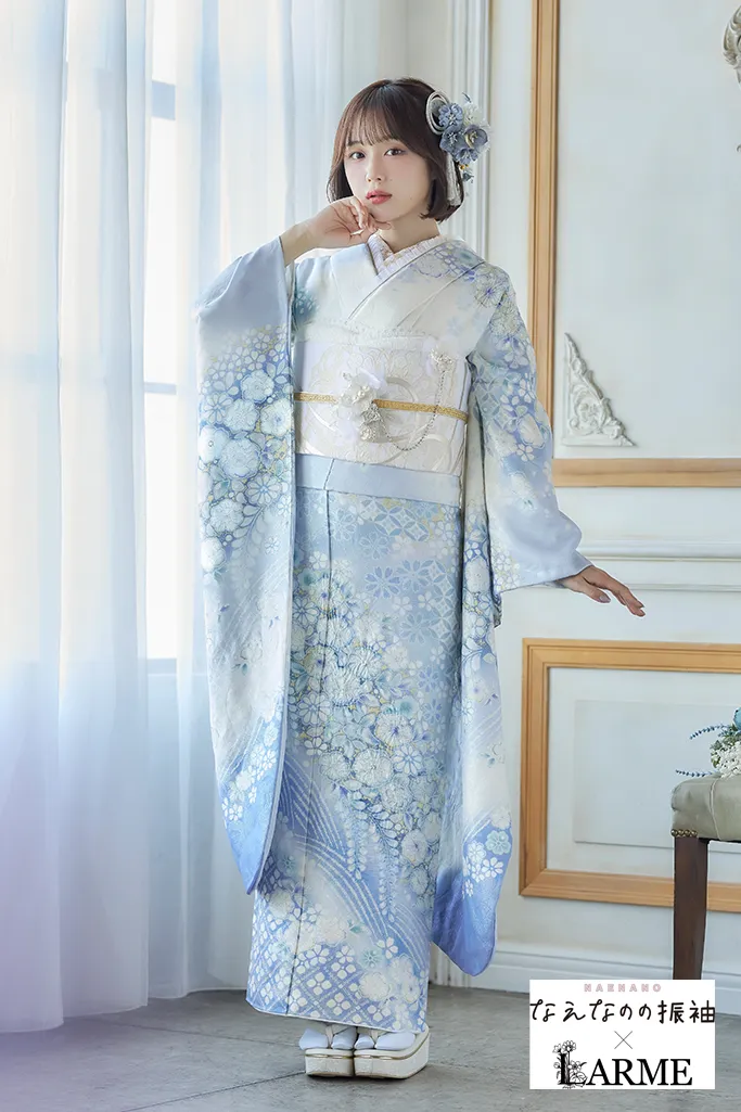 TAKAZENのレンタル振袖 なえなのの振袖×LARME　水色　辻が花/藤　正統派古典　かわいい　きれいめ　華やか　清楚　ラメ入り生地【通販可】K1242