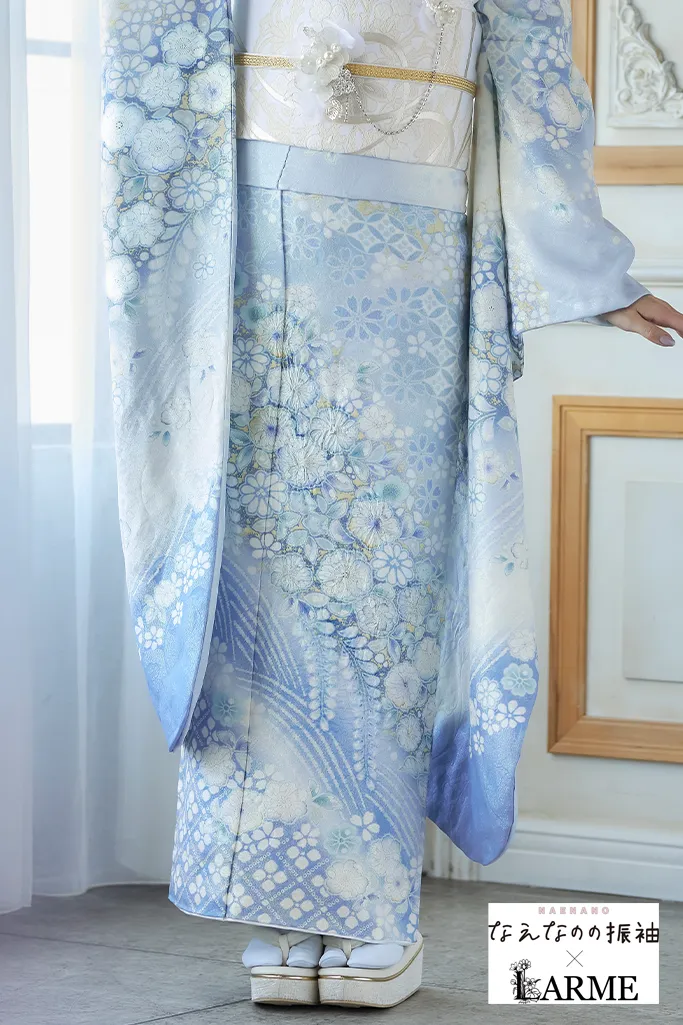 TAKAZENのレンタル振袖 なえなのの振袖×LARME　水色　辻が花/藤　正統派古典　かわいい　きれいめ　華やか　清楚　ラメ入り生地【通販可】K1242