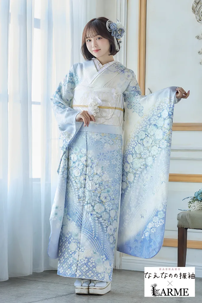TAKAZENのレンタル振袖 なえなのの振袖×LARME　水色　辻が花/藤　正統派古典　かわいい　きれいめ　華やか　清楚　ラメ入り生地【通販可】K1242