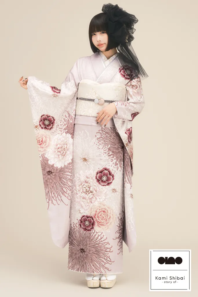 TAKAZENのレンタル振袖 Kami Shibai-story of- anoブランド振袖　ベビーピンク/淡い色　乱菊柄　シンプル　きれいめ　正統派古典【通販可】K1251