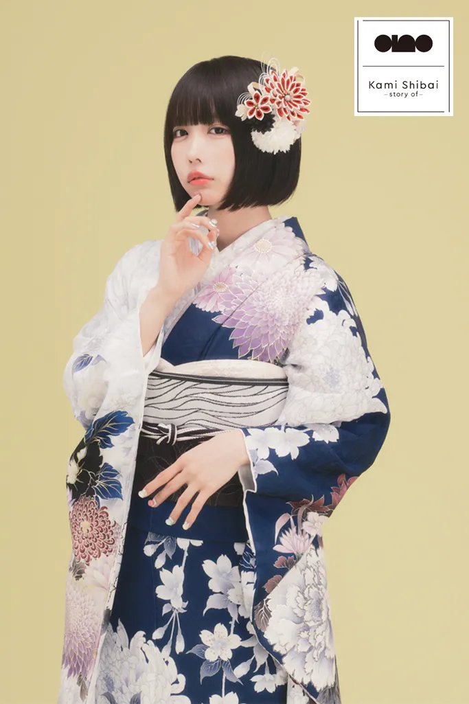 TAKAZENのレンタル振袖 Kami Shibai-story of- anoブランド振袖　紺色/ネイビー　乱菊柄/大柄　王道　正統派古典　綺麗系【通販可】K1252